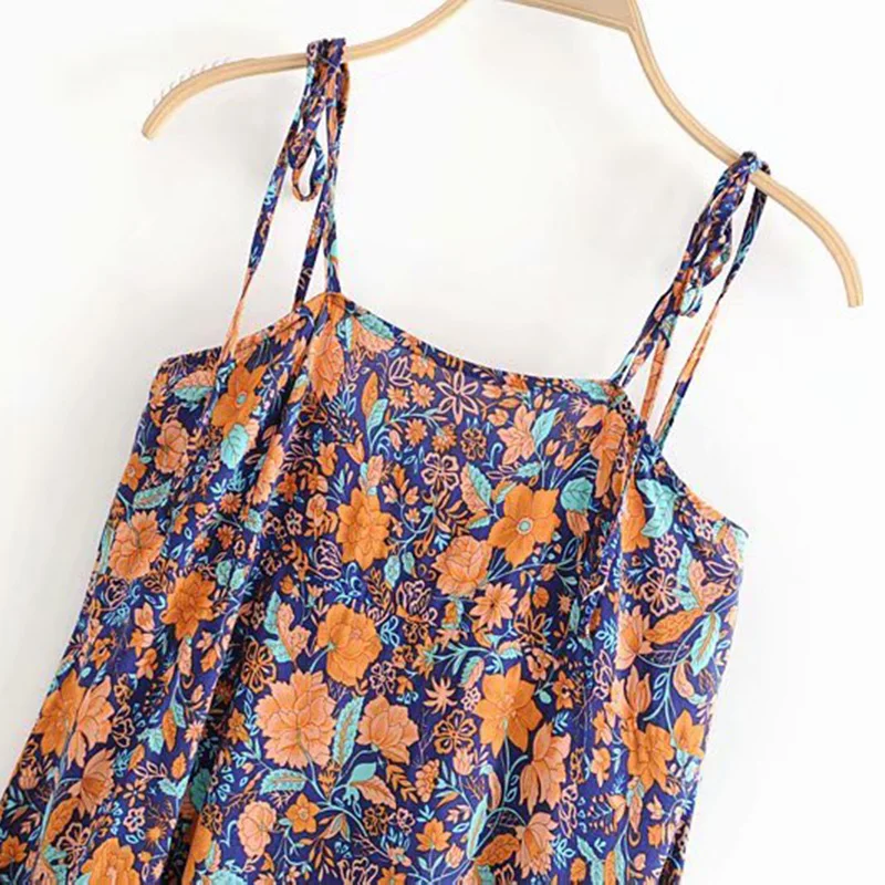 Женское винтажное платье миди на бретельках плиссированное пляжное с цветочным