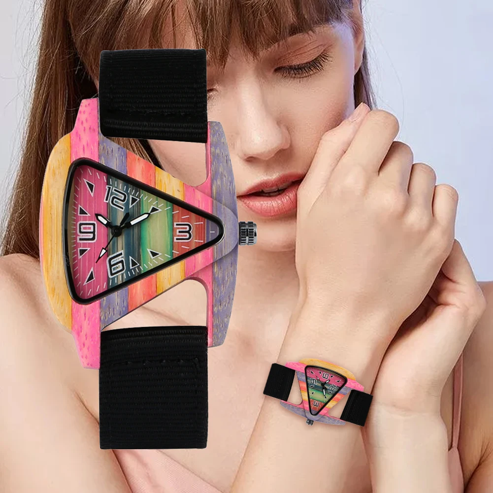 

Creative Wood Quartz Watches Colorful Triangle Small Flying Fish Shape Dial Luminous Clock Watch Nylon Leather Band Wristwatches