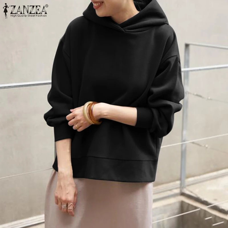 

ZANZEA Women Autumn Hoodies 2021 Femme Clothing Coat Tops Casual Long Sleeved ELegant Chic Sweatshirts ONeck Solid Lady Pullover