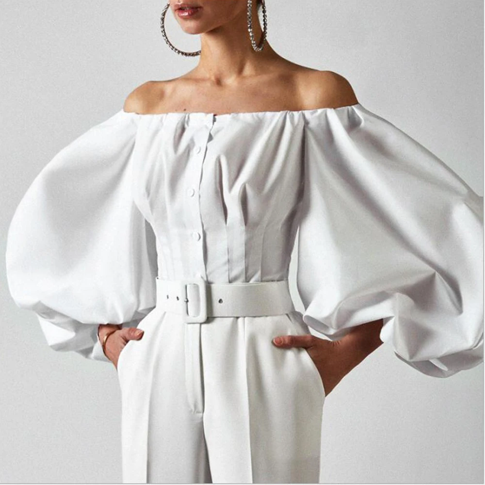 

Woman Shirt 2021 Spring Feminine Blouse Tops Elegant Sexy Off Shoulder Lantern Sleeve Button Cotton Slim Office Party Shirt