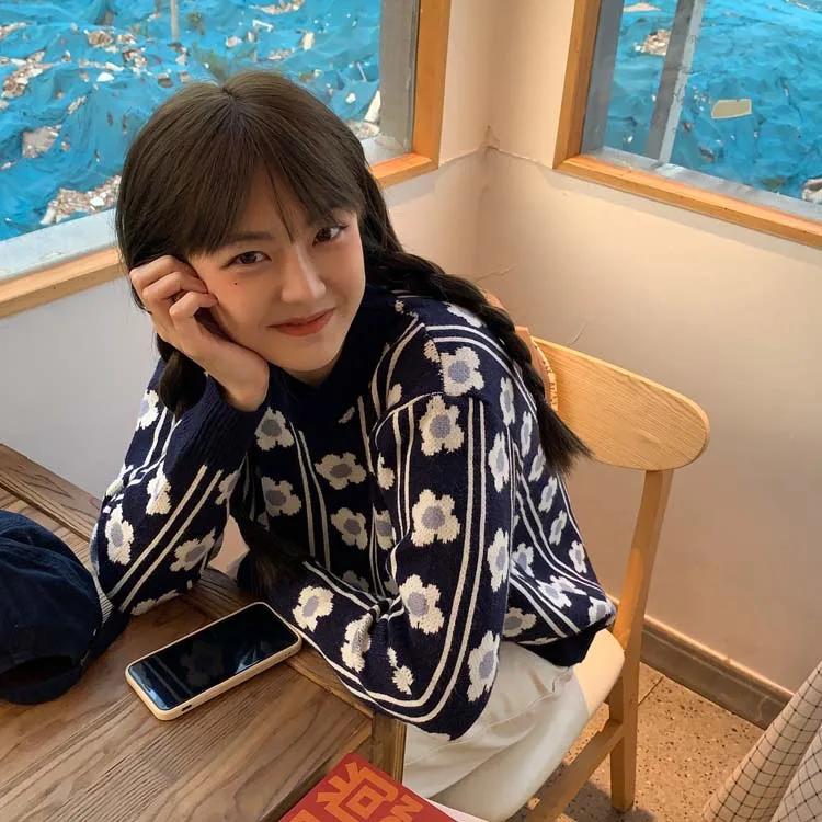 

2 colors 2020 autumn and winter korean style floral patchwork long-sleeve pullover thick knitted warm sweaters womens (F1365)