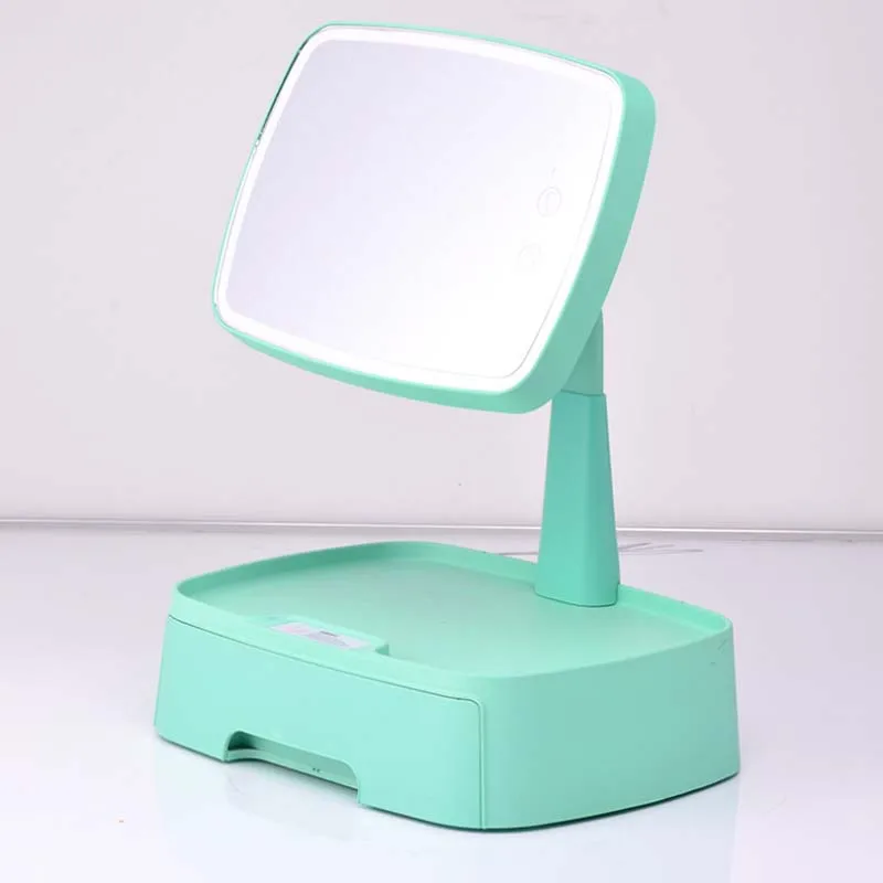 green Интеллигентая(ый) Сенсор светодиодный зеркало с ящик для хранения настольное косметическое зеркало Многофункциональный вращающийся Красота заполнить светильник зеркало для макияжа - Цвет: green