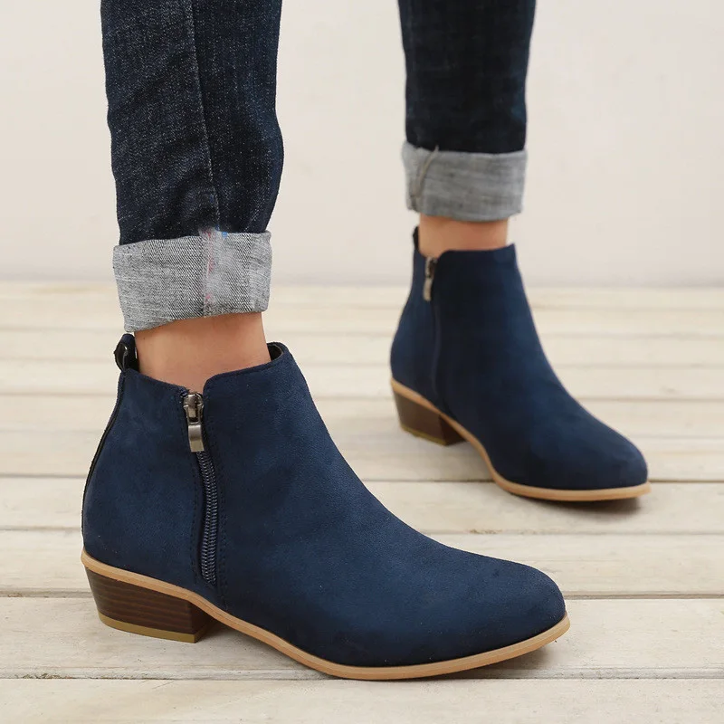 

2021 Spring Women Ankle Boots Square Mid Heel Zip Shoes Woman Pointed Toe Shoes Female Classic Blue Autumn Boots Plus Size 42 43