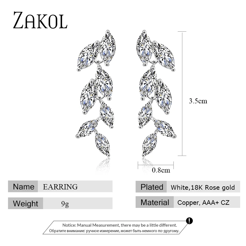 ZAKOL Fashion Marquise Cut White AAA CZ Zircon Crystal Drop Earrings for Women Gold Color Leaf Wedding Jewelry FSEP512 | Украшения и