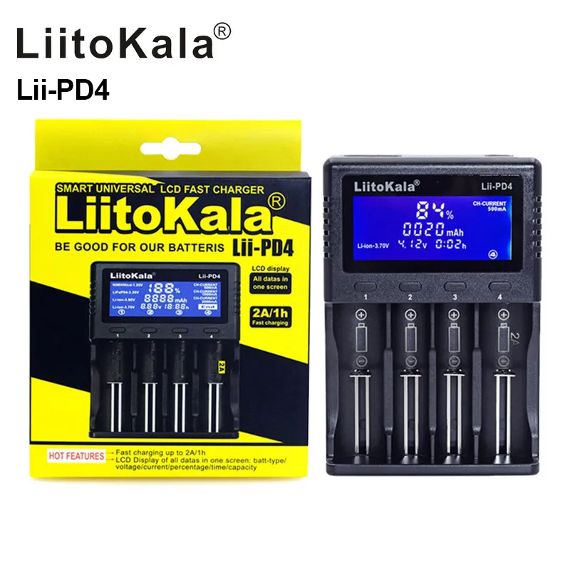 

LiitoKala Battery Charger Lii-PD4 18650 Battery lithium NiMH 26650 21700 18350 AA AAA 3.7V/1.2V LCD Display Recharger USB Test