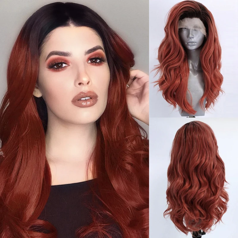 

Длинный волнистый парик с эффектом омбре, парики оранжевого и красного цвета с синтетическими кружевами спереди для чернокожих женщин, пар...