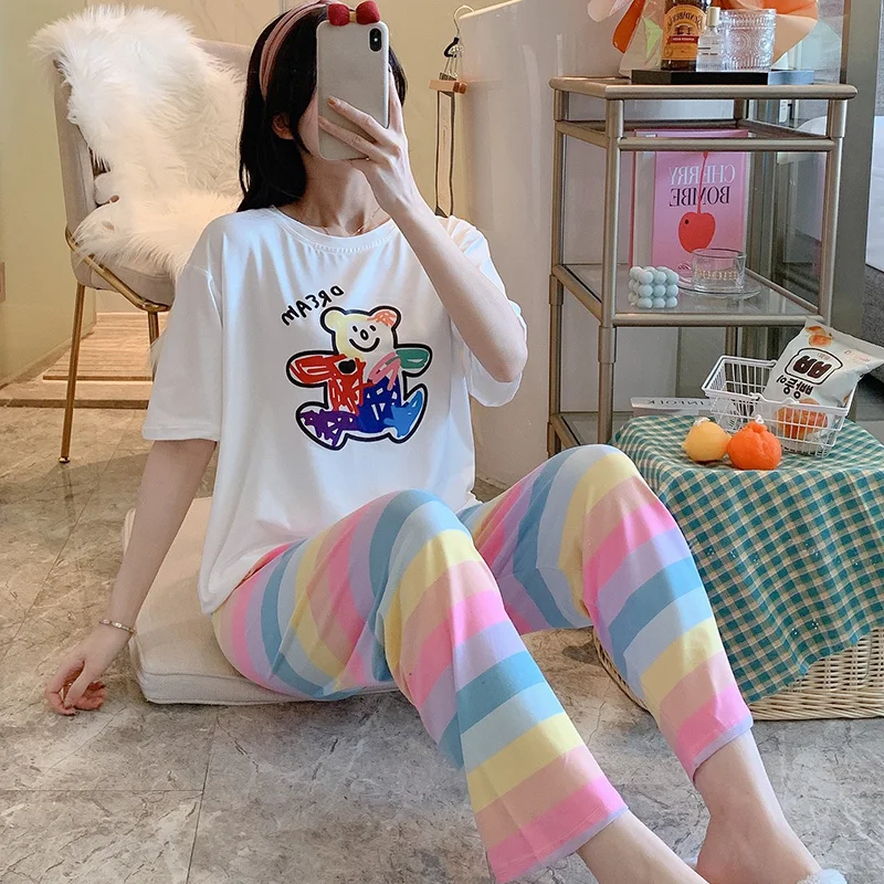 Womens Short Sleeved Trousers Pajamas Summer White Bear Loose Thin Fresh Set Korean Style Student Spring and Autumn Homewear