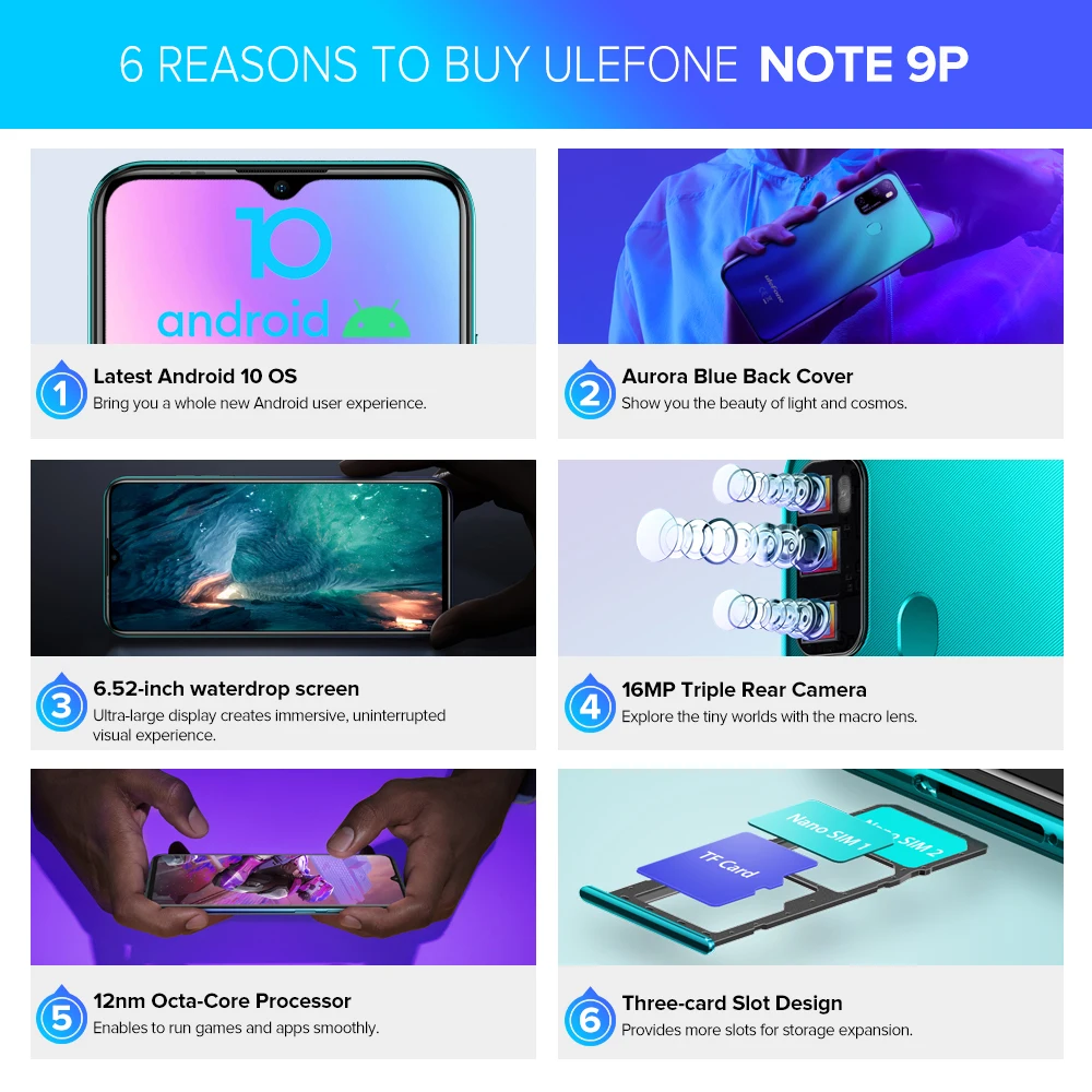 Смартфон Ulefone Note 9P Android 10 4 Гб + 64 ГБ экран Waterdrop 6 52 дюйма Восьмиядерный 4G мобильный