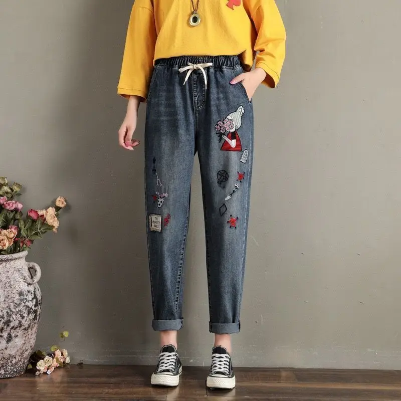 

Elastic Embroidered Denim Pants New Fashion Women's Straight Tube Loose High Waist Slim Versatile Nine Point Harlan's Jeans Jean
