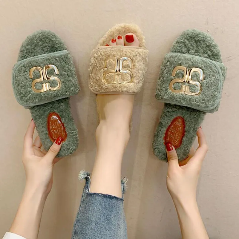 Тапочки женские плюшевые модные домашние тапочки плоская подошва сланцы зимняя