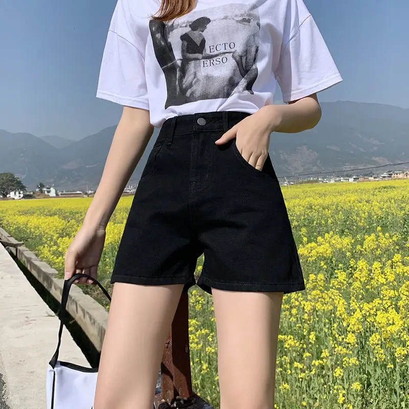 

Summer denim shorts women's high waist loose wide leg rough edge a-word Student Korean fashion small fragrance, versatile show