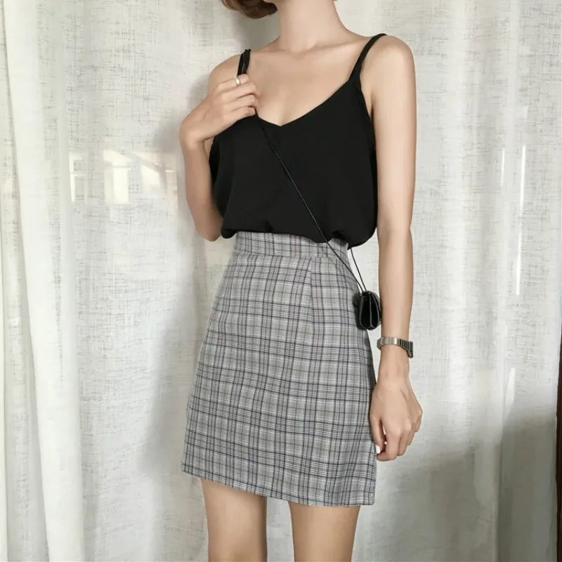 

Skirts Women Summer New Chic Korean Style Casual All-match Slim High Waist Plaid Womens Elegant Simple A-line Fashion Ladies