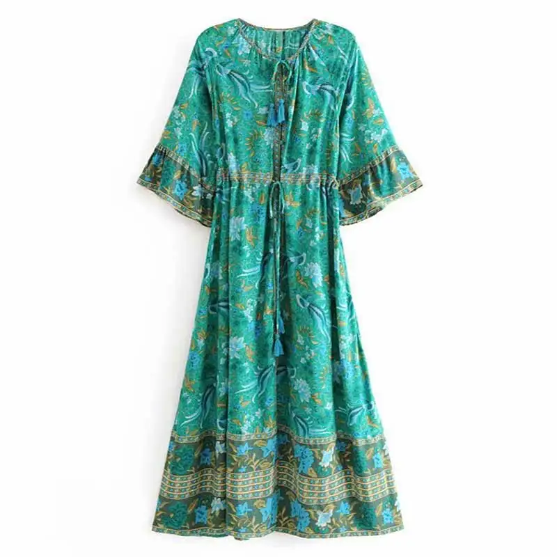 Женское летнее платье макси с рукавами фонариками и V образным вырезом|Женские