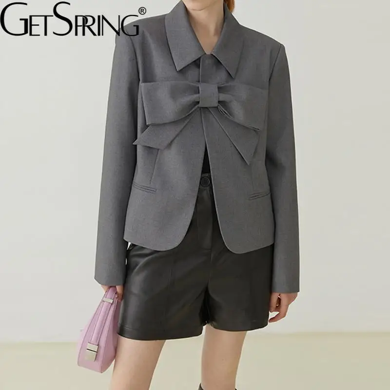 

Женский блейзер с бантом GetSpring, черный, серый, модный короткий, свободный, Повседневный, осенний, 2021
