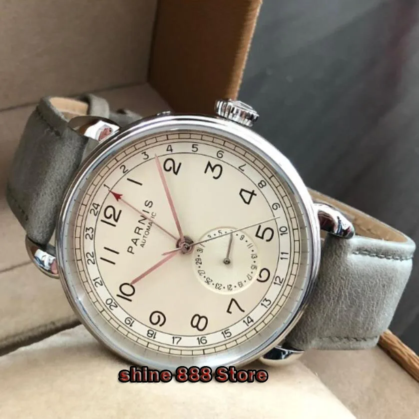 Мужские автоматические механические часы Parnis с кожаным ремешком 42 мм GMT|Мужские