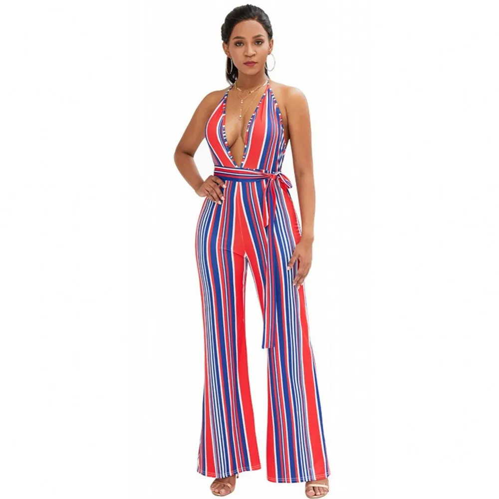 

Комбинезон женский с открытой спиной, модный пикантный полосатый ромпер с глубоким V-образным вырезом, прямой ромпер с поясом, весна-лето