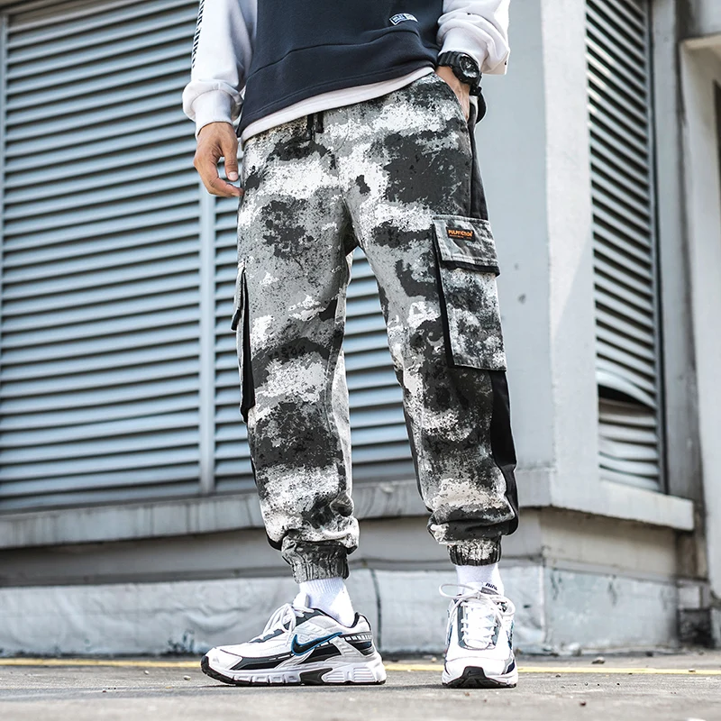 Gray camouflage Брендовые мужские камуфляжные штаны для пробежки, высокое качество, хлопковые армейские повседневные штаны с большим карманом, в стиле хип-хоп, Модные Военные Брюки карго A1011 - Цвет: Gray camouflage