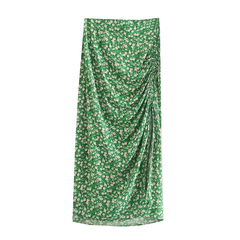 

New Green ZA Women Bohemia floral print midi skirt Split Skirt Summer Elegant Holiday high-waist side zip Casual Skirt For Lady
