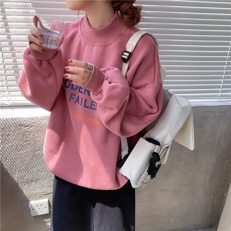 

Half Turtleneck Letter Print Sweatshirts Vintage Women New Girls BF Plus Size Loose Oversized Warm Winter Pullovers 2020 Autumn