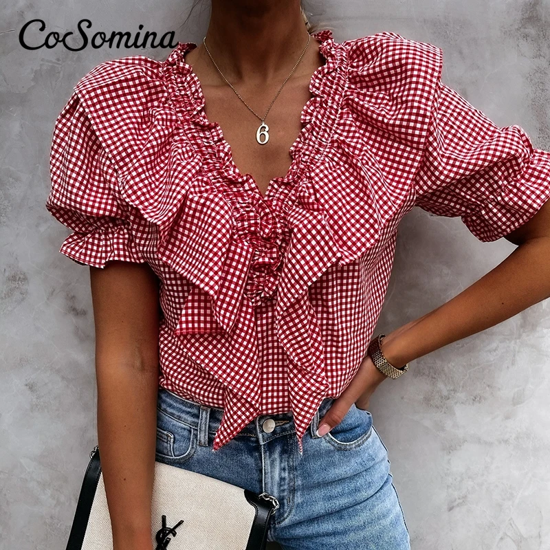 

CoSomina Elegant Ruffled Plaid V-neck Women Summer T-shirt Short Sleeve Ruffled Female Tops Shirt High Street Ladies Party Tops