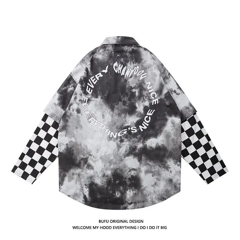 

Tie-Dye Stitching Shirt Male and Female Couples Wear Trendy Loose Leisure All -Matching Fake Two Pieces Long Sleeve Shirt Coat