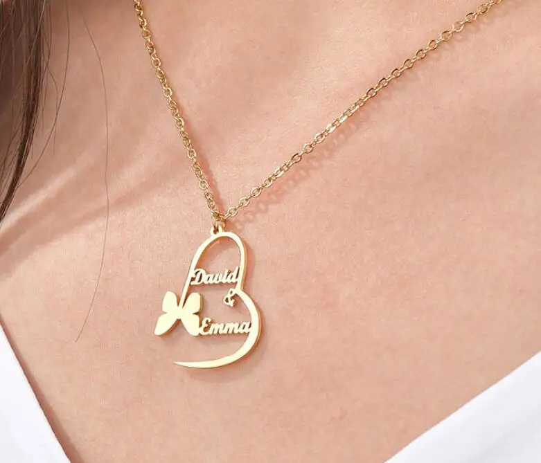 

Trendy Butterfly Heart Pendants Custom Name Necklaces Women Personalized Gold Color Hearts Necklace Jewelry Accessaries