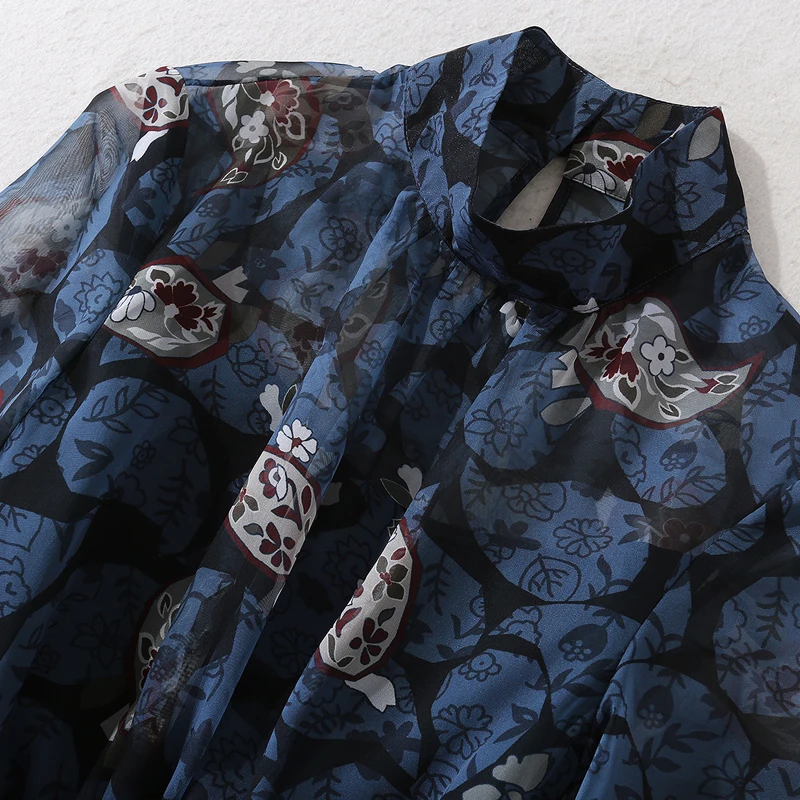 

Runway High Quality Spring New Fashion Vintage Elegant Temperament Printing Long Sleeve Belt Party Long Chiffon Dress