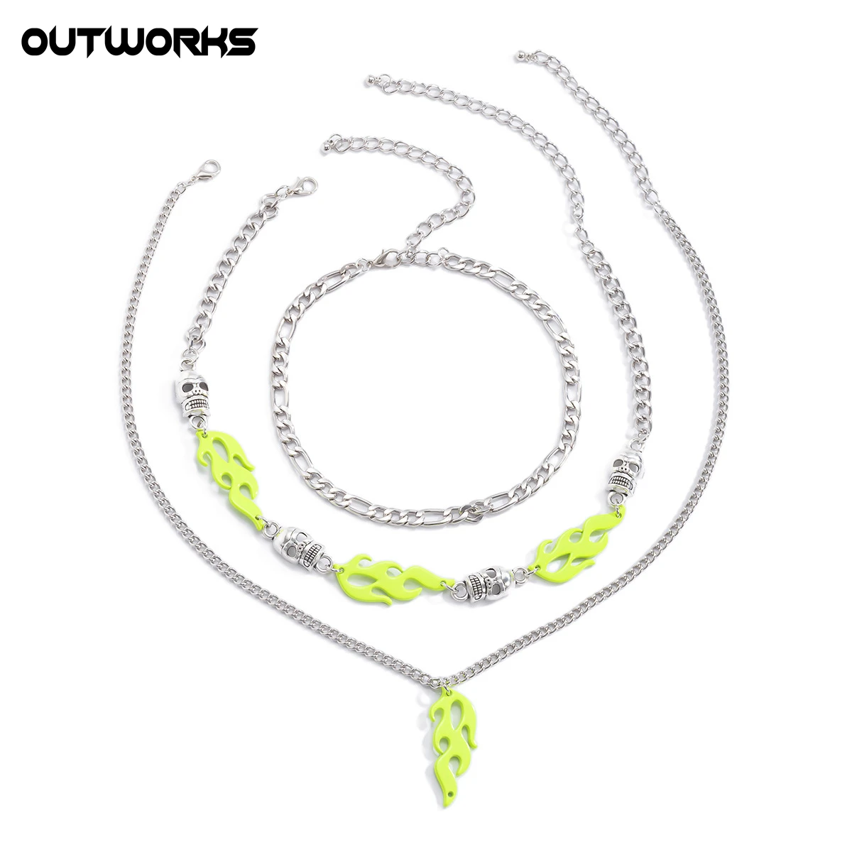

Outworks 2021 New Exaggerated Multilayer Tassel Punk Hip Hop Green Flame Skull Clavicle Chain Necklace For Women Men Jewelry