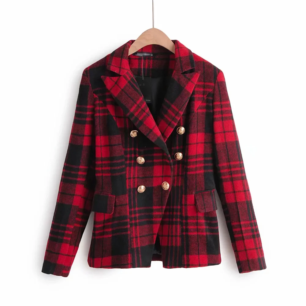 

Elegant red plaid coats Vintage women tweed jackets fashion ladies female notched collar jacket feminine girls chic coat