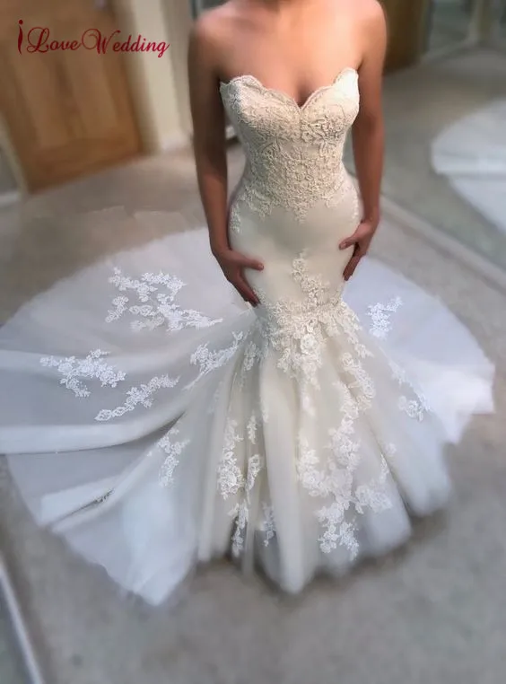 Vestido de novia 2020 Sweetheart Lace Applique custom made Court Train Bride dress Elegant Fishtail Wedding Gown | Свадьбы и