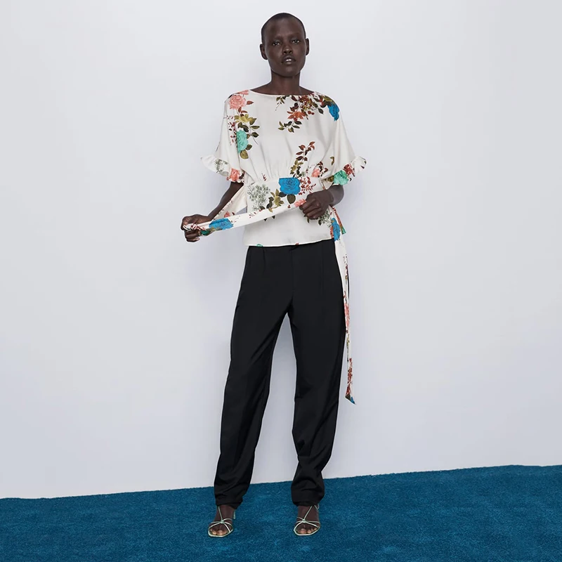 Женская рубашка с коротким рукавом ZA круглым вырезом и принтом со шнуровкой