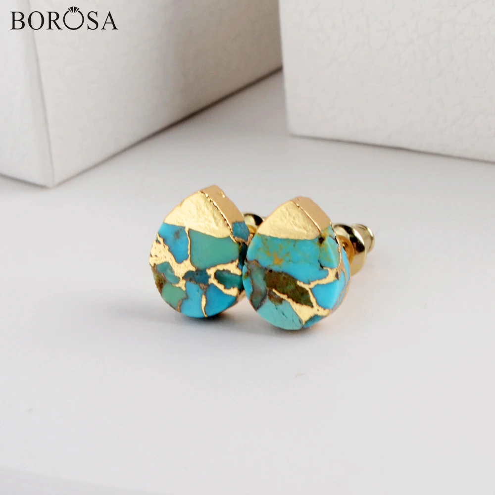 Женские серьги-пусеты из меди и бирюзы BOROSA, золотистые каплевидные серьги с натуральным голубым камнем, g198.