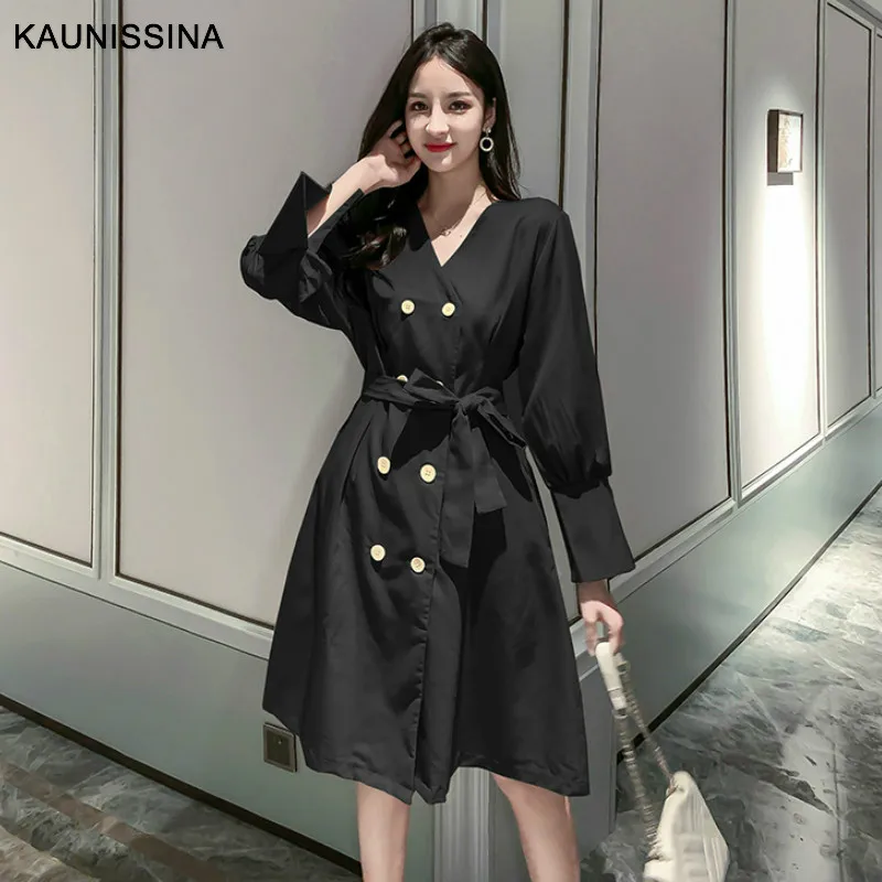 KAUNISSINA, корейское коктейльное платье, двубортное, высокая талия, длинный рукав, v-образный вырез, свободные, а-силуэт, вечерние платья, платья для выпускного вечера