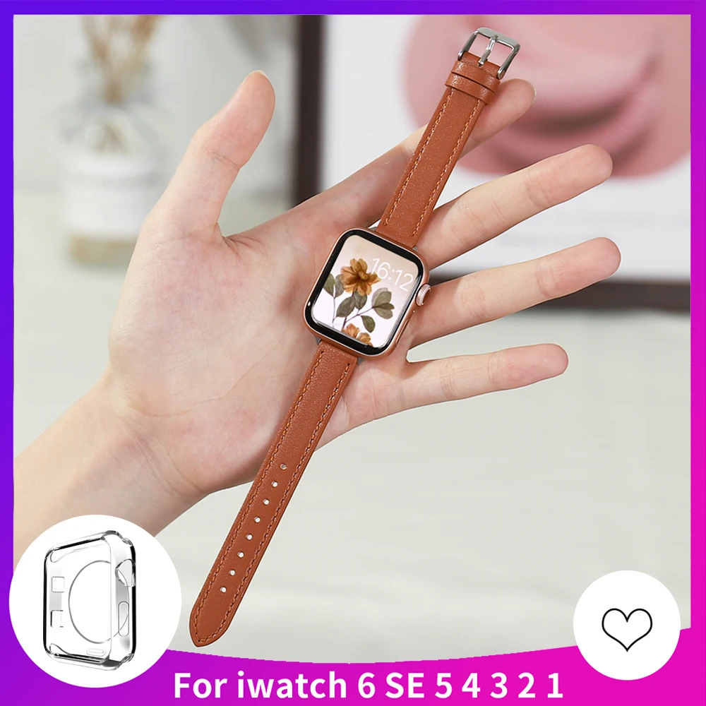 

Slim Woman Leather Bracelet +Case for Apple Watch Band 40mm 44mm Wristband Sport strap on Smartwatch 42mm 38mm Series 3 4 5 6 SE