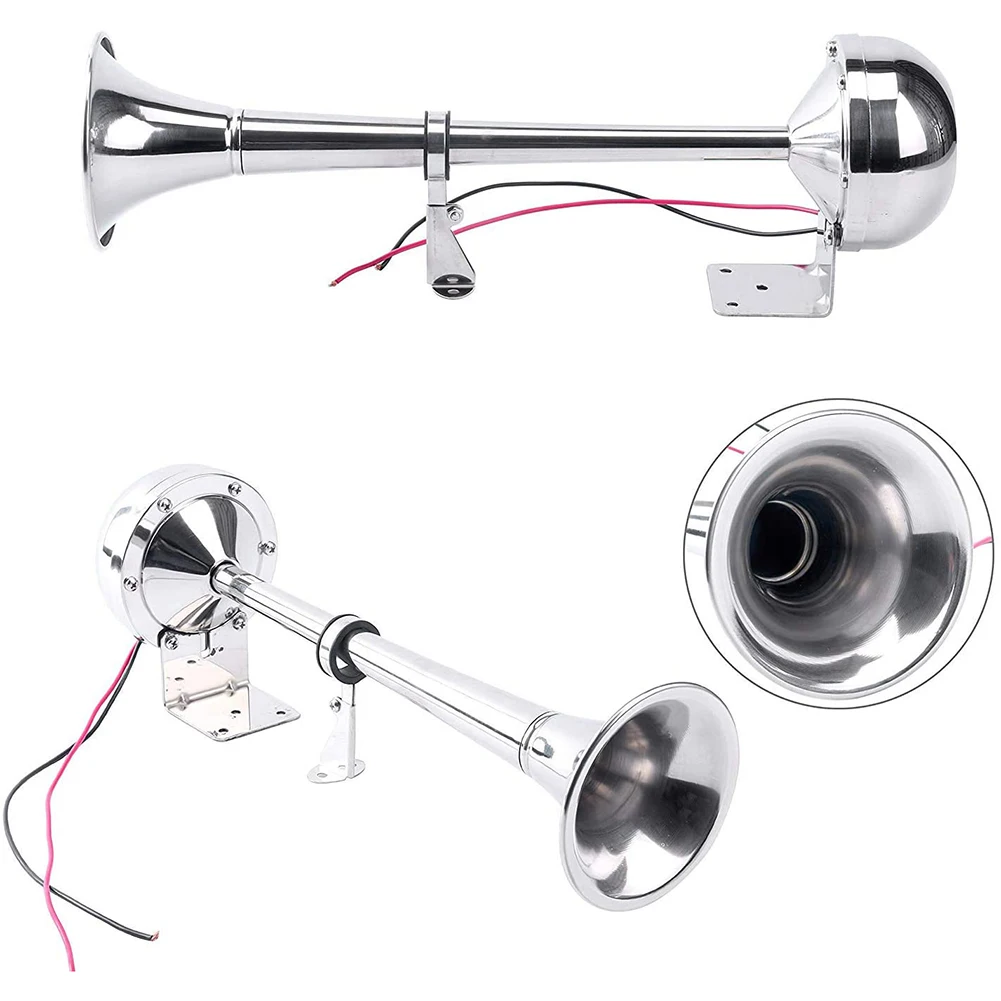 

12V Polished Stainless Steel Single Trumpet Horn Low Tone Hertz for Marine Boat Truck Lorry Caravan RV Motorcycle Train Horn