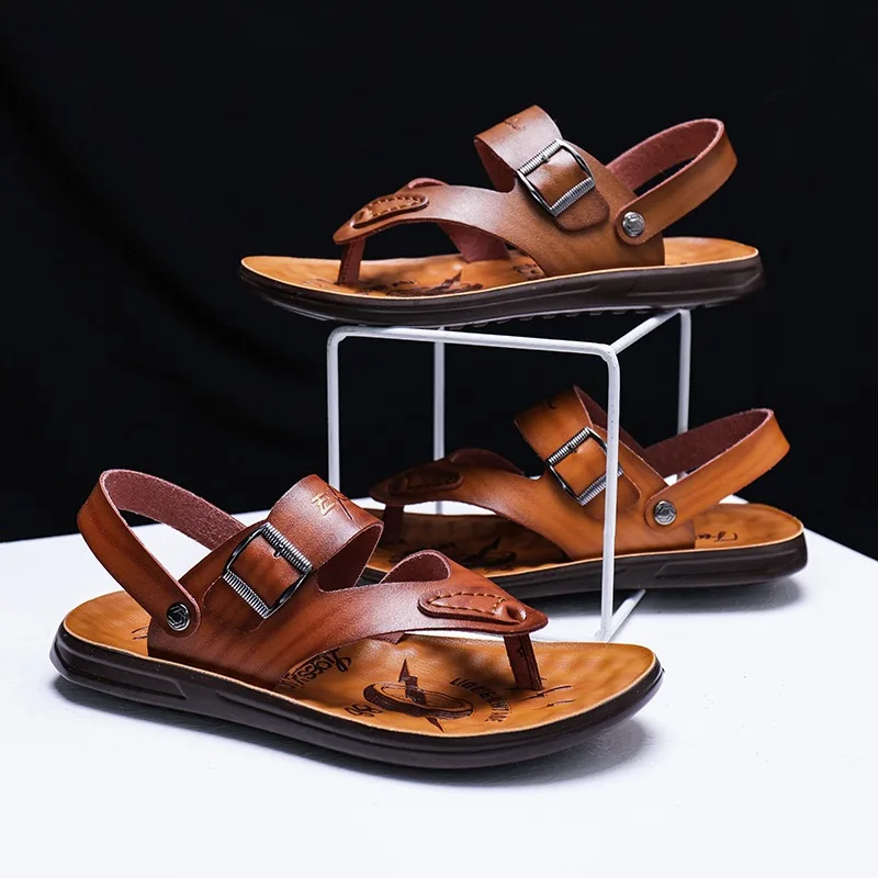 Мужские летние шлепанцы из натуральной кожи пляжные сандалии повседневная обувь