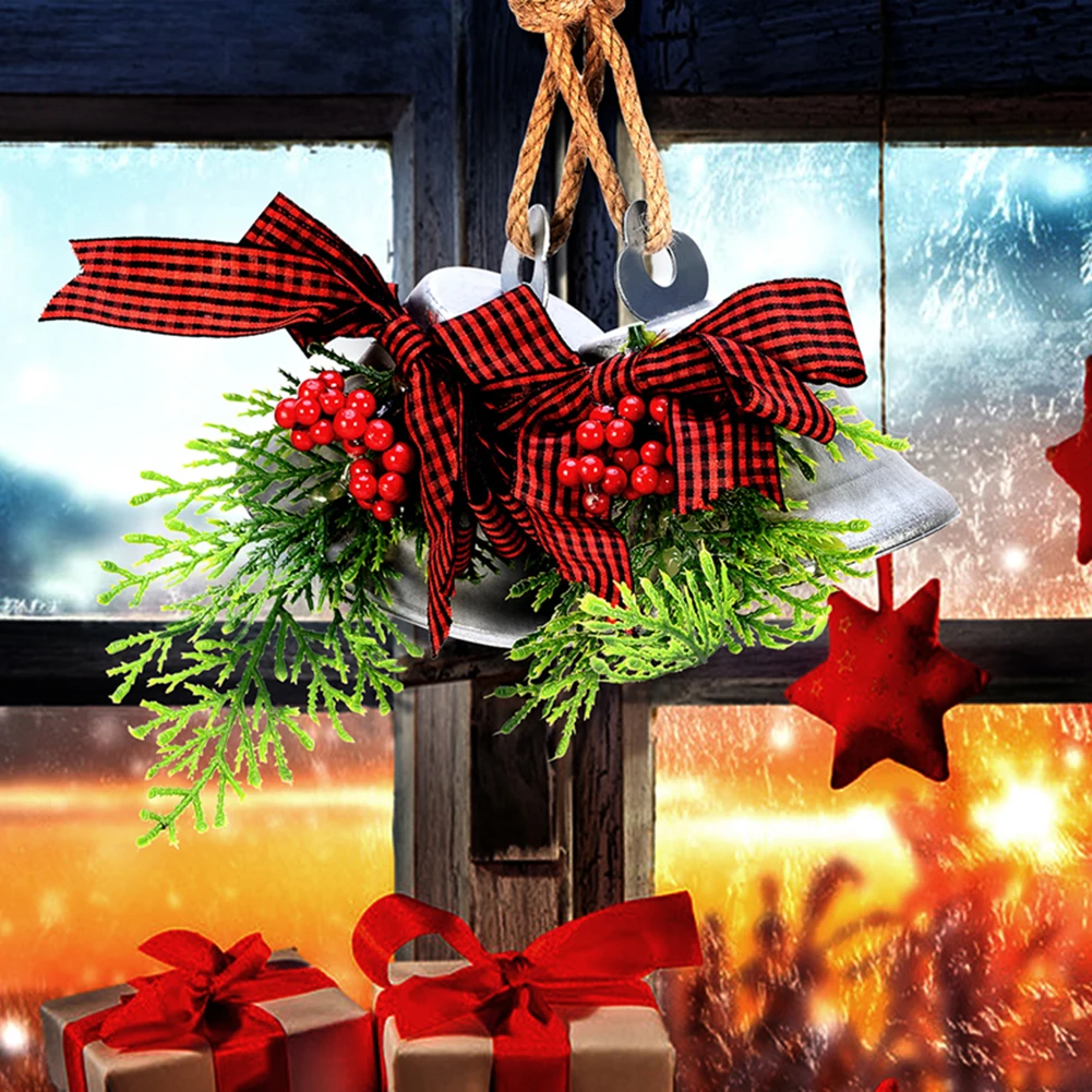 

Christmas Tree Ornaments Red Plaid Bowknot Pinecone Bell Rustic Plaid Bowknot Fake Berries Iron Bell Vintage