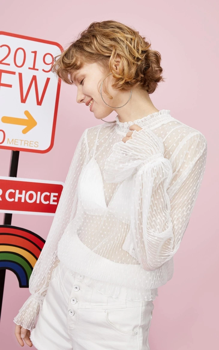 Vero Moda Женская свободная облегающая кружевная шифоновая рубашка в горошек с расклешенными рукавами | 319302509