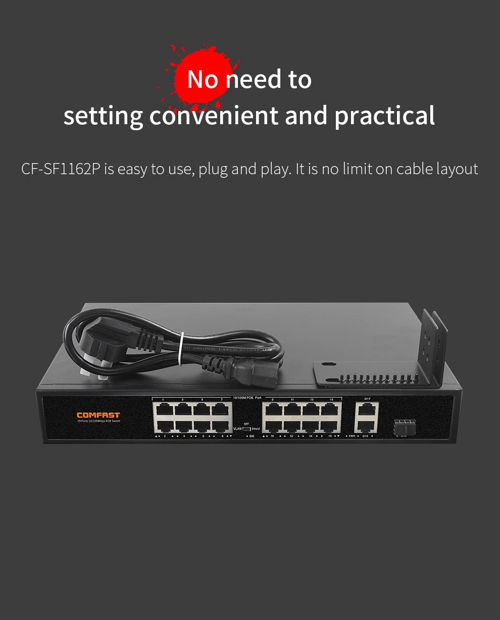 Comfast 19 порты 100 м интеллигентая (ый) коммутатор питания через Ethernet 16 портов POE +