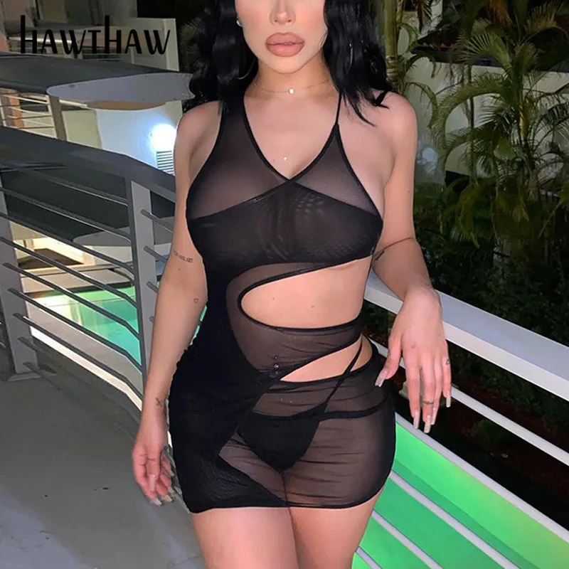 

Hawthaw Women Summer Sexy V Neck Mesh See Through Hollw Out Party Bodycon Package Hip Mini Dress Sundress 2021 Female Clothing