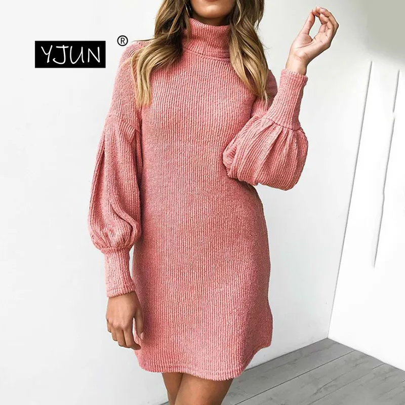 Женские платья осень зима длинный рукав Turtlenck теплая одежда мини короткое модное