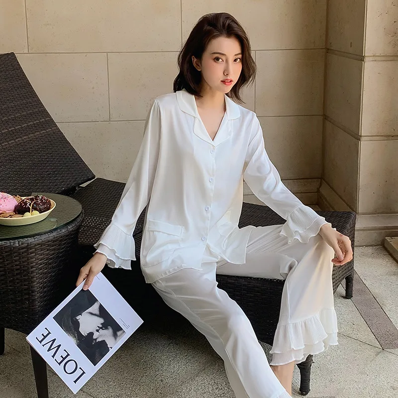

Female White Satin Pajamas Set Loose 2PCS Sleepwear Casual Turn-down Collar Nightwear Lounge Wear Pajamas Women Negligee