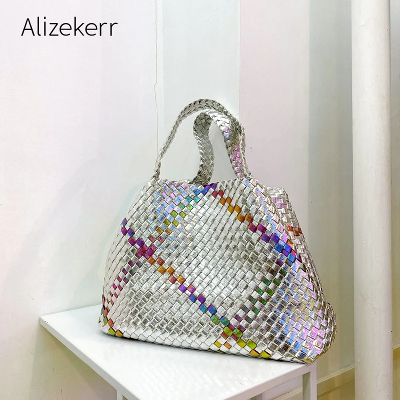 

Retro Color Woven Large Capacity Tote Bag For Women 2021 Designer Luxury Soft Plaid Purse And Handbag Top Quality Shoulder Bag
