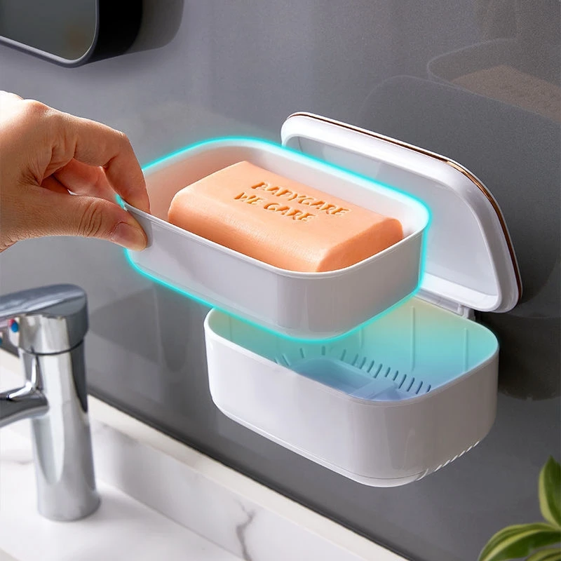 Soporte de jabón montado en la pared, bandeja de agua de drenaje, caja de jabón de almacenamiento con tapa, inodoro, ducha, baño-4