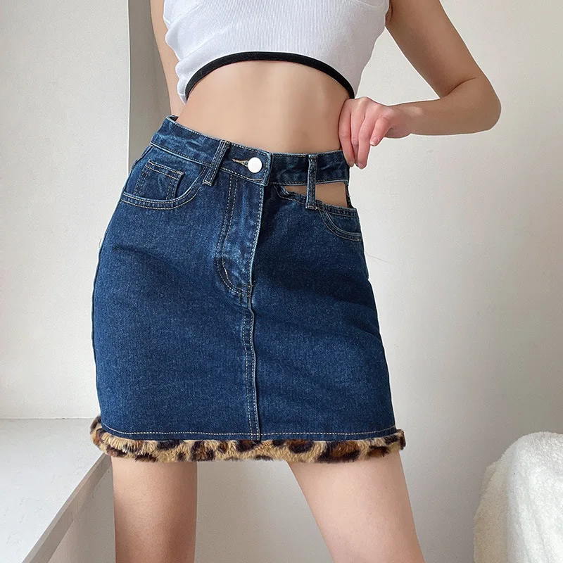 

Fashion Blue Denim Skirt Female 2021 Leopard Print Frayed Design Sense Hollow Hole High Waist Slim Bag Hip Skirt Women Clothes