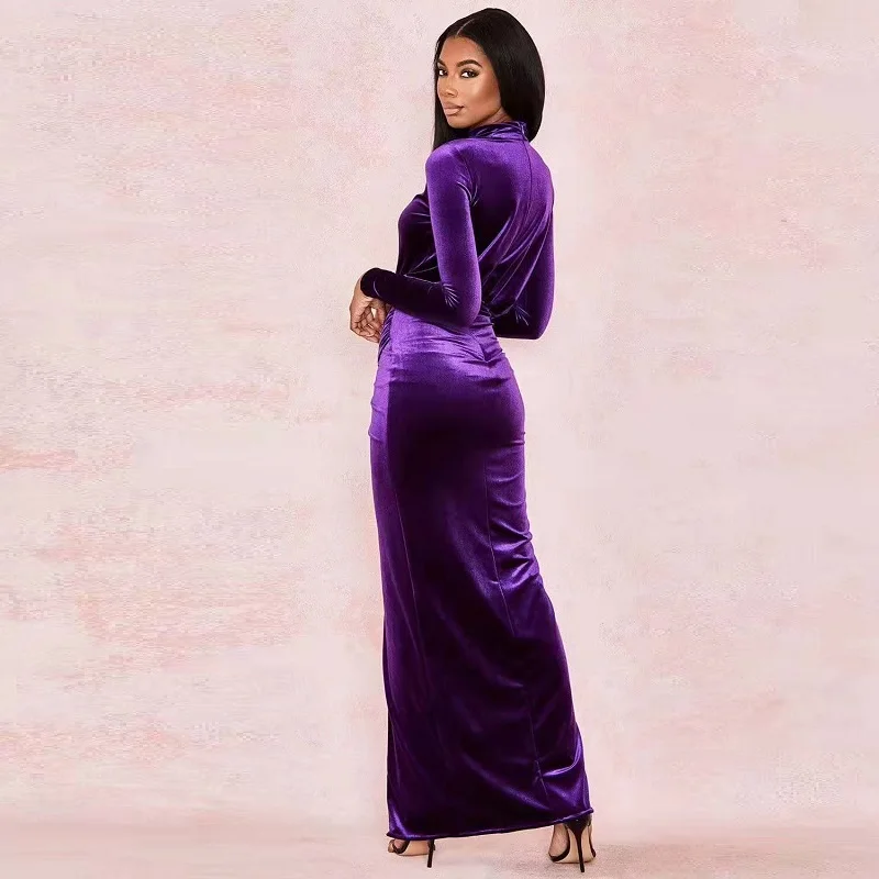 

Fashion High Collar Long Sleeve Velve Vestidos 2019 Latest Purple Chic Draped Sexy Slit Elegant Evening Party Long Dresses