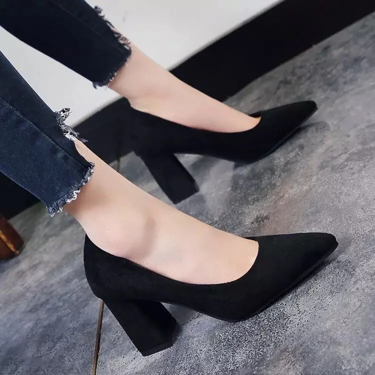 

Women High Heels Shoes 5cm 7cm 9cm Heels Lady Suede Leather Thick with Autumn Pointed Single Shoes Square Heel Female Pumps