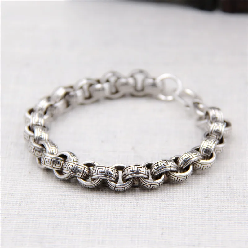 

Starfield S925 Sterling Silver Circle Tide Personality Tyrannical Thai Silver Retro Great Wall Pattern men's Bracelet