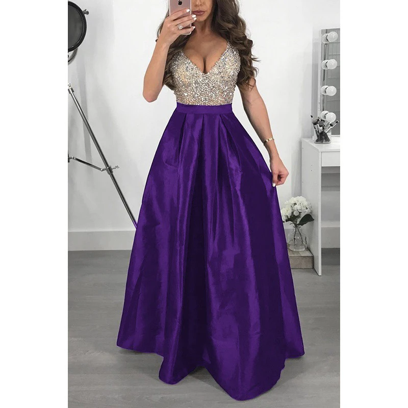 Elegant Sequin Formal Evening Party Dress Women A Line Long Occasion Dresses Vestido De Festa V Neck Sleveless Lady Prom Gowns |