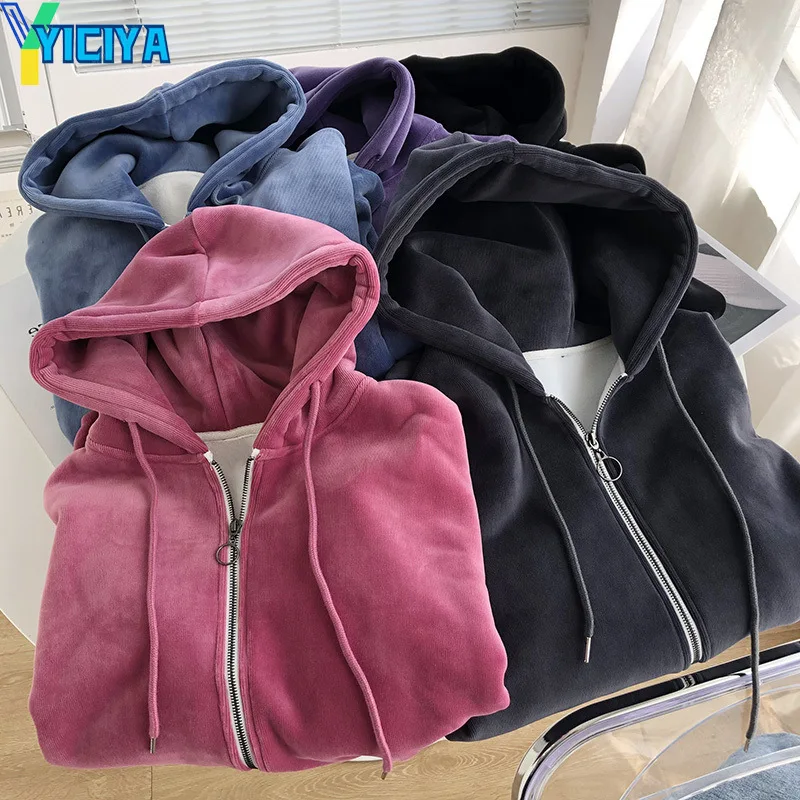 

YICIYA Pure Color Thickening Hoodies Women Plus Velvet Sweatshirt Women Winter All-match Zip Up Hoodie Winter Clothes Women Tops